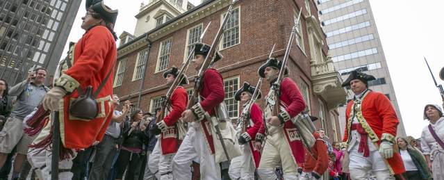 Reenactors marching in Boston, MA for Harborfest