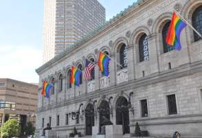 Boston Public Library with rainbow flags