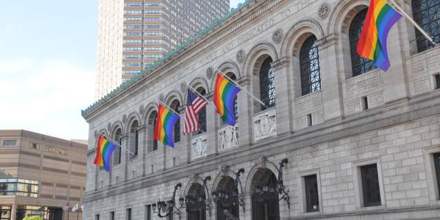 Boston Public Library with rainbow flags