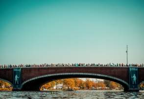 Head of the Charles Regatta spectators on a bridge