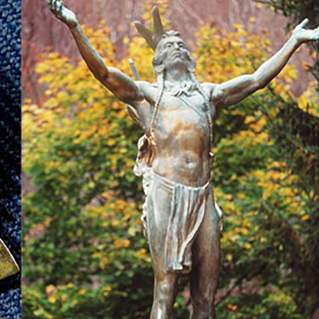 Depictions of Native Americans on a coin, as a statue, and in an image in a museum