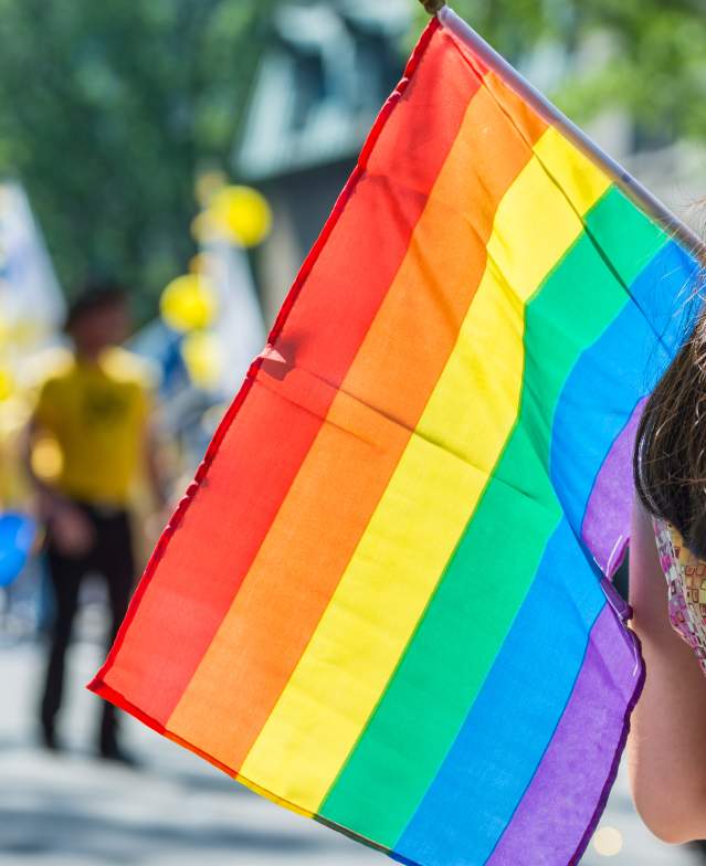 Back view of a person holding the rainbow flag over their shoulder