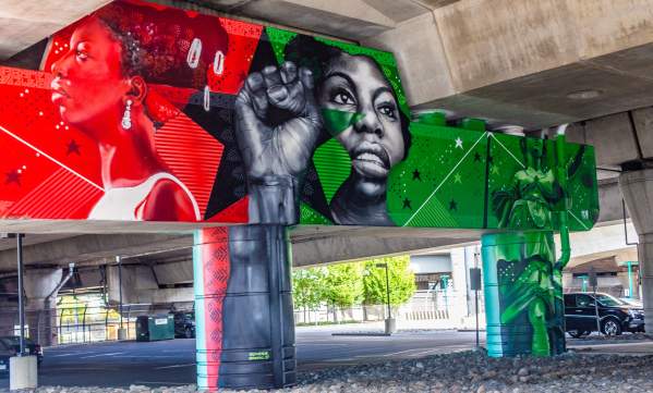 Boston mural featuring Nina Simone with raised fist