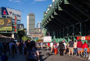 Crowds walking outside of Fenway Park