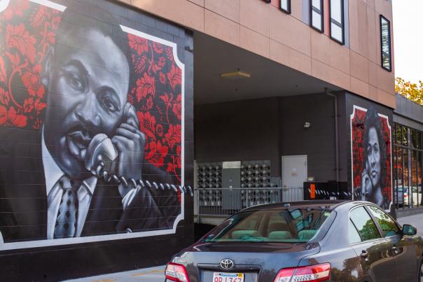 Mural in Roxbury Depicting MLK Speaking on a Phone
