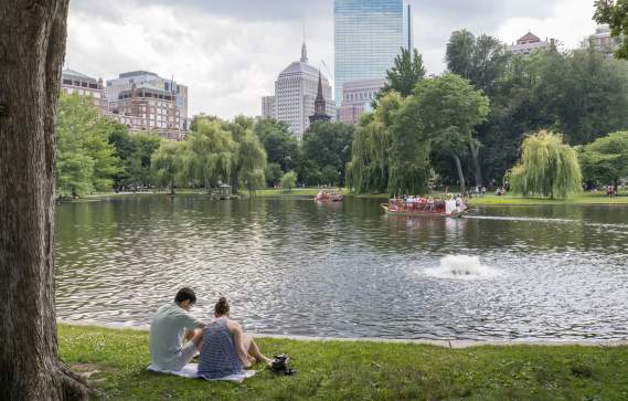 Two people picnicking on the Public Garden